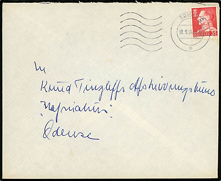 35 øre Fr. IX (fluorescerende papir)  single på brev fra Århus C d. 18.91964 til Odense