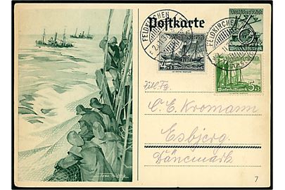 6+4 pfg. illustreret Winterhilfswerk helsagsbrevkort opfrankeret med 4+3 pfg. og 5+3 pfg. Winterhilfswerk udg. fra Feldkirchen d. 22.11.1937 til Esbjerg, Danmark.