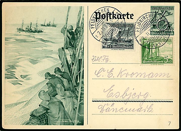 6+4 pfg. illustreret Winterhilfswerk helsagsbrevkort opfrankeret med 4+3 pfg. og 5+3 pfg. Winterhilfswerk udg. fra Feldkirchen d. 22.11.1937 til Esbjerg, Danmark.