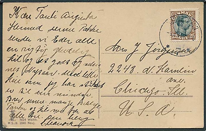 25 øre Chr. X single på brevkort fra Kjøbenhavn d. 6.12.1921 til Chicago, USA.