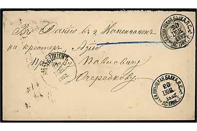7 kop. helsagskuvert stemplet Kalmytskaya Balka P.S. Astrak. G. d. 26.6.1882 via Moskva til København, Danmark.