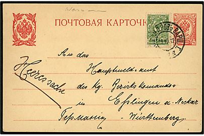 3 kop. helsagsbrevkort opfrankeret med 2 kop. Våben påskrevet Heeressache fra Warszawa d. 9.10.1912 til Esslingen, Tyskland.