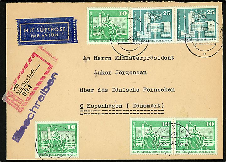 90 pfg. blandingsfrankeret anbefalet luftpostbrev fra autografsamler i Karl-Marx-Stadt 1980 til statsminister Anker Jørgensen via Danmarks Radio, København, Danmark.