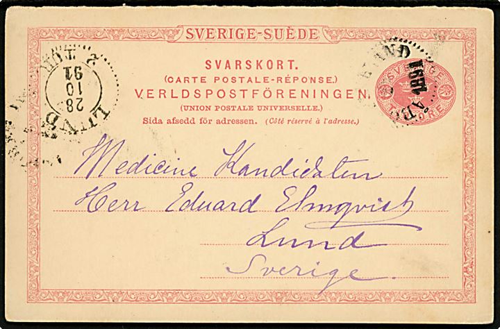 10 öre svardel af dobbelt helsagsbrevkort annulleret med finsk stempel Åbo - Finland d. 23.10.1891 til Lund, Sverige.