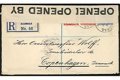 1d (2) og 2½d George V på anbefalet brev fra London stemplet Allendale R.S.O. d. 27.2.1915 til København, Danmark. Åbnet af britisk censur no. 23.