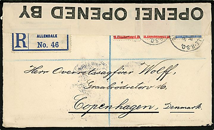 1d (2) og 2½d George V på anbefalet brev fra London stemplet Allendale R.S.O. d. 27.2.1915 til København, Danmark. Åbnet af britisk censur no. 23.