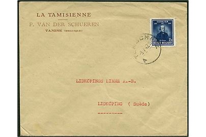 3,15 franc blå på brev fra Tamise d. 9.7.1947 til Lidköping.