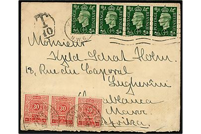 ½d George VI i 4-stribe på underfrankeret brev fra London d. 6.3.1939 til Casablanca, Marokko. Påsat 30 c. Portomærke i 3-stribe stemplet Casablanca d. 11.3.1939.