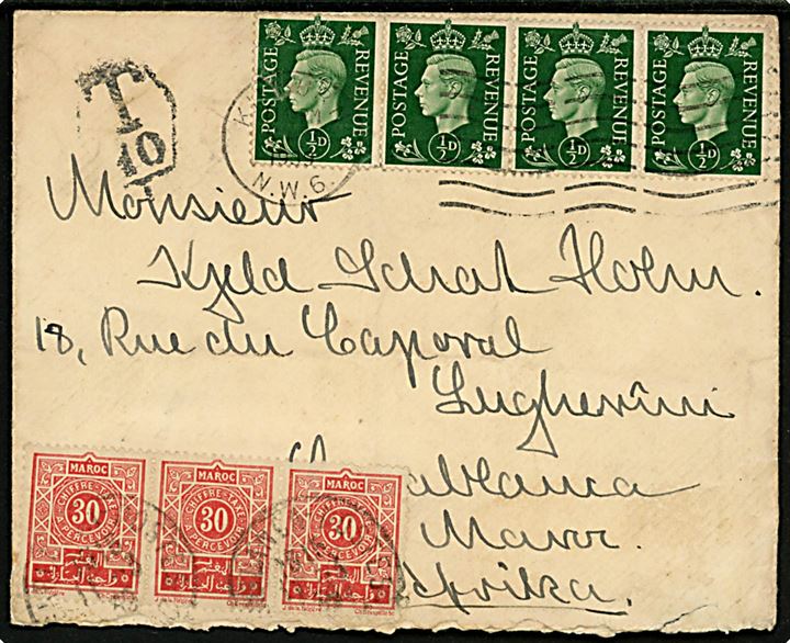 ½d George VI i 4-stribe på underfrankeret brev fra London d. 6.3.1939 til Casablanca, Marokko. Påsat 30 c. Portomærke i 3-stribe stemplet Casablanca d. 11.3.1939.