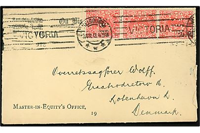 Victoria 1d Victoria udg. med perfin O.S. (Official Service) i 3-stribe på O.H.M.S. tjenestebrev fra Master-in-Equity's Office i Melbourne d. 3.4.1913 til København, Danmark.