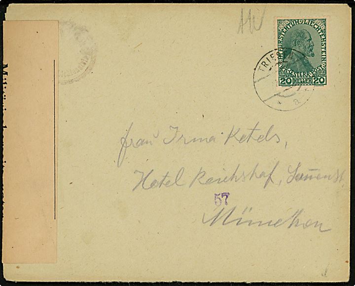 20 h. single på brev fra Triesen d. 22.12.191? til Münchgen, Tyskland. Åbnet af militær censur.