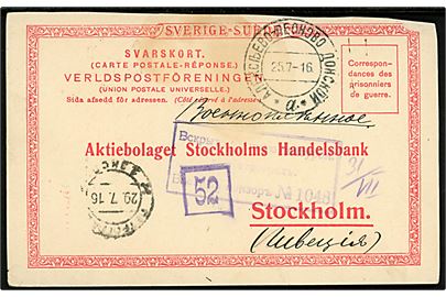 Ufrankeret fortrykt svardel af krigsfange dobbelt helsagsbrevkort fra Alexewo-Leonowo d. 25.7.1916 via Petrograd til Stockholms Handelsbank i Stockholm, Sverige. Russisk censur.