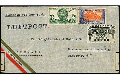 75 c. blandingsfrankeret luftpostbrev påskrevet via New York fra Mexico d. ?.6.1936 via Paris til Braunschweig, Tyskland. Åbnet af tysk toldkontrol i Braunschweig.