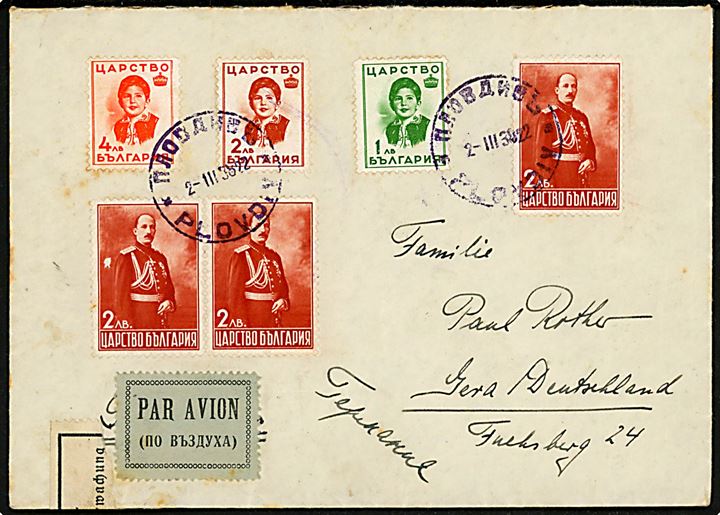 Komplet sæt prinsesse Marie-Luise og 2 l. Boris III (3) på luftpostbrev fra Plovdiv d. 2.3.1938 til Gera, Tyskland. Åbnet af tysk toldkontrol i Gera.