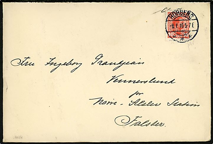 10 øre Chr. X på fortrykt kuvert fra Chefen for Krydseren Valkyrien med fuldt indhold skrevet af Kommandør Hector F. Kiær og stemplet Horsens d. 8.7.1916 til Nørre Alslev.