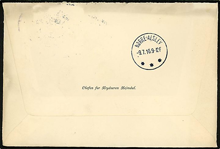 10 øre Chr. X på fortrykt kuvert fra Chefen for Krydseren Valkyrien med fuldt indhold skrevet af Kommandør Hector F. Kiær og stemplet Horsens d. 8.7.1916 til Nørre Alslev.