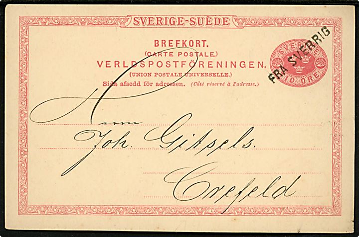 10 öre helsagsbrevkort fra Göteborg d. 23.7.1889 annulleret med dansk skibsstempel FRA SVERRIG i Frederikshavn til Crefeld, Tyskland.