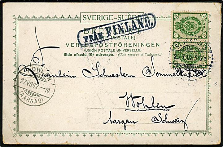 Russisk 2 kop. Våben i parstykke på brevkort (Dampskibet Nordkusten) annulleret med svensk stempel i Stockholm d. 25.7.1902 og sidestemplet Från Finland til Wohlen, Schweiz.