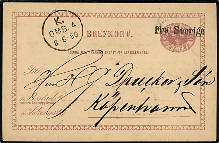 6 öre helsagsbrevkort fra Malmö annulleret med skibsstempel Fra Sverige og sidestemplet K. OMB. 4 d. 8.6.1880 til København, Danmark.