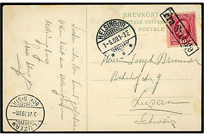 10 öre Oscar II på brevkort (Helsingborg havn med dampskib) annulleret med skibsstempel Fra Sverige og sidestemplet Helsingør d. 1.6.1909 til Luzern, Schweiz.