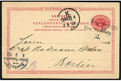 10 öre helsagsbrevkort fra Malmö annulleret med skibsstempel Fra Sverige M. og sidestemplet K. OMB. 4 d. 7.9.1893 til Berlin, Tyskland.