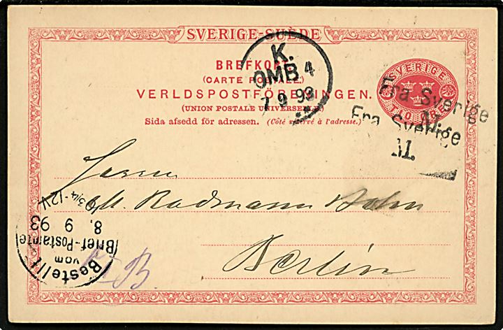 10 öre helsagsbrevkort fra Malmö annulleret med skibsstempel Fra Sverige M. og sidestemplet K. OMB. 4 d. 7.9.1893 til Berlin, Tyskland.