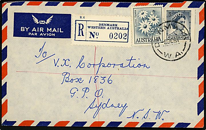 5d Elizabeth og 2/- Blomst på anbefalet brev fra Denmark Western Australia d. 8.12.1961 via Perth til Sydney. 