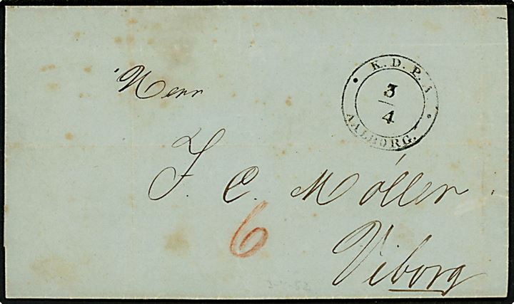 1852. Ufrankeret portobrev med antiqua K.D.P.A. Aalborg d. 3.4.1852 til Viborg. Udtakseret i 6 sk. porto. Fuldt indhold.