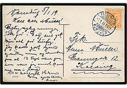7 øre Chr. X på brevkort fra Vamdrup annulleret med bureaustempel Fredericia - Vamdrup T.975 d. 6.1.1919 til Kolding.