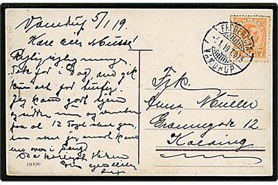7 øre Chr. X på brevkort fra Vamdrup annulleret med bureaustempel Fredericia - Vamdrup T.975 d. 6.1.1919 til Kolding.