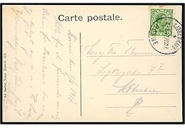 5 øre Chr. X på brevkort fra Rønne annulleret med sejlende bureaustempel Kjøbenhavn - * Rønne POST2 d. 2.6.1917 til København.