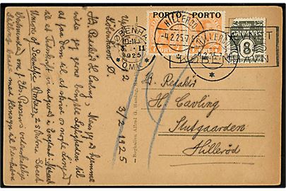 8 øre Bølgelinie (defekt) på underfrankeret brevkort fra København d. 3.2.1925 til Hillerød. Udtakseret i porto med 7 øre Porto-provisorium i parstykke stemplet Hillerød d. 4.2.1925.