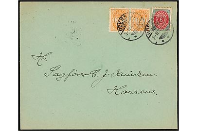 1 øre Våben (par) og 8 øre Tofarvet omv. rm. på brev fra Odense d. 3.10.1902 til Horsens.