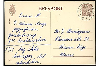 20 øre Fr. IX helsagsbrevkort (fabr. 201) sendt fra pigespejder fra 9. Odense Trop på Jægergården, Ørnholmvej pr. Snekkersten d. 28.6.1962 til Fruens Bøge.