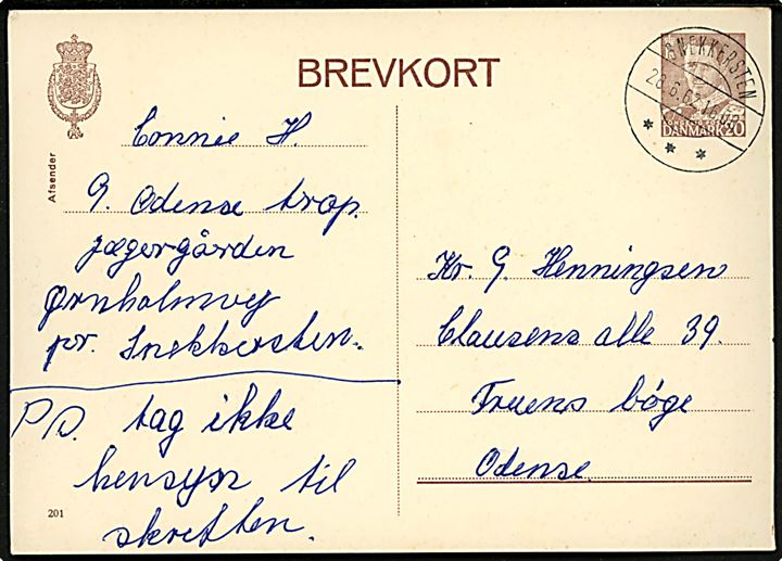 20 øre Fr. IX helsagsbrevkort (fabr. 201) sendt fra pigespejder fra 9. Odense Trop på Jægergården, Ørnholmvej pr. Snekkersten d. 28.6.1962 til Fruens Bøge.