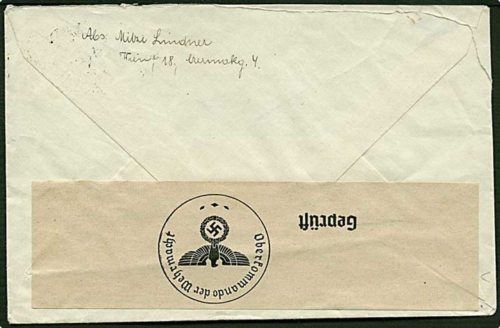25 pfennig på brev fra Wien, Østrig, d. 11.2.1940 til Fruens Bøge. Tysk censur.