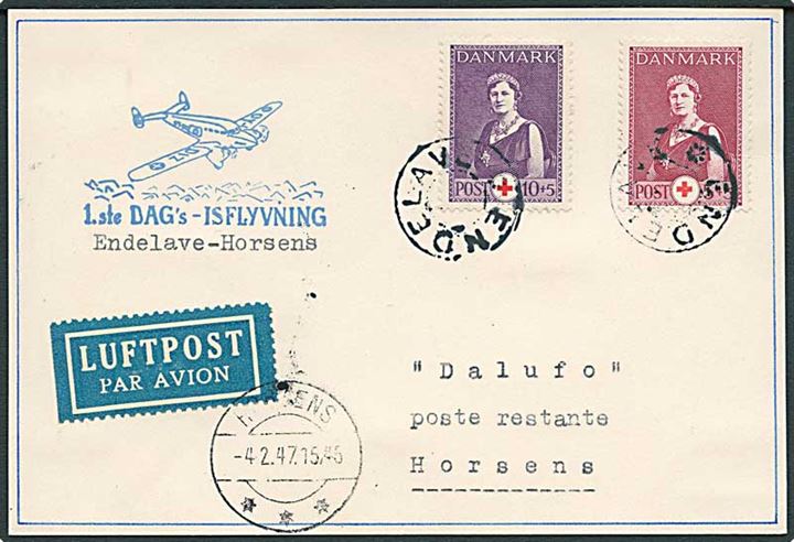 5+3 øre og 10+5 øre Røde Kors på is-luftpost brevkort annulleret med udslebet stjernestempel ENDELAVE og sidestemplet Horsens d. 4.2.1947 til Horsens.