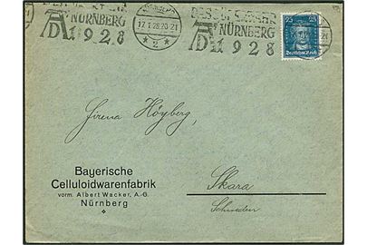 25 pfennig blå på brev fra Nürenberg d. 17.1.1928 til Skara, Sverige.