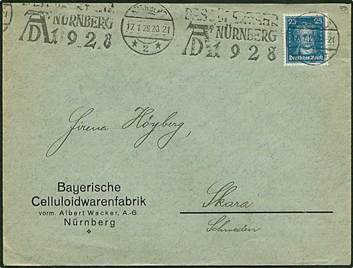 25 pfennig blå på brev fra Nürenberg d. 17.1.1928 til Skara, Sverige.