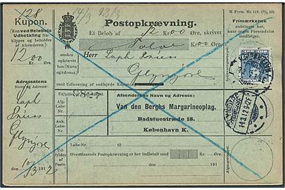 20 øre Fr. VIII single på retur Postopkrævning fra Kjøbenhavn d. 13.3.1912 til Glyngøre. Retur som ej indløst.
