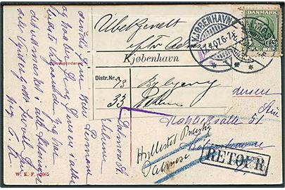 5 øre Fr. VIII på brevkort fra Dalmose d. 16.7.1907 til København. Påsat forespørgsels-etiket og retur som ubekendt.