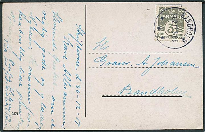 3 øre Bølgelinie single på lokalt brevkort annulleret med brotype IIIb Bandholm d. 31.12.1917.