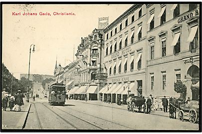 Christiania, Karl Johan med Grand Hotel og sporvogn. Dopheides Magazin u/no.