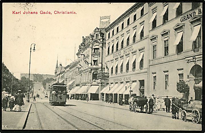 Christiania, Karl Johan med Grand Hotel og sporvogn. Dopheides Magazin u/no.