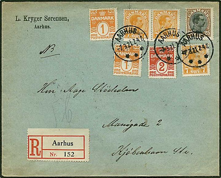 1 og 2 øre bølgelinie, 7 øre orange (venstre mærke variant 98V, kort tak) og 25 øre brun/sort Chr. X på Rec brev fra Aarhus d. 7.3.1921 til København.