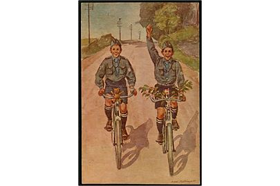 Axel Mathiesen: Danske Drenges Forlag, 2 spejdere på cykeltur. F. D. F. postkort no. 6.