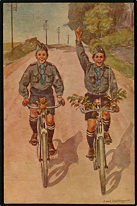 Axel Mathiesen: Danske Drenges Forlag, 2 spejdere på cykeltur. F. D. F. postkort no. 6.
