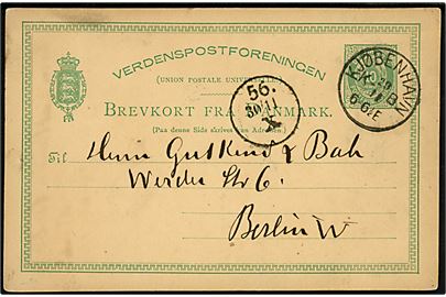 10 øre helsagsbrevkort annulleret med lapidar Kjøbenhavn KB d. 29.11.1880 til Berlin, Tyskland.