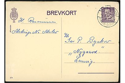 15 øre Fr. IX helsagsbrevkort (fabr. 174) annulleret med pr.-stempel Øster-Klippinge pr. Nørre-Alslev d. 3.9.1951 til Lemvig.