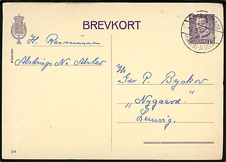 15 øre Fr. IX helsagsbrevkort (fabr. 174) annulleret med pr.-stempel Øster-Klippinge pr. Nørre-Alslev d. 3.9.1951 til Lemvig.